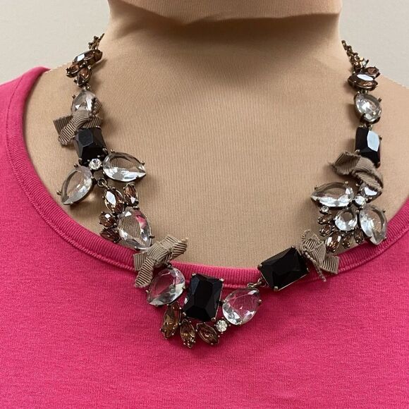 J. Crew black agate, crystal and ribbon retro statement collar necklace
